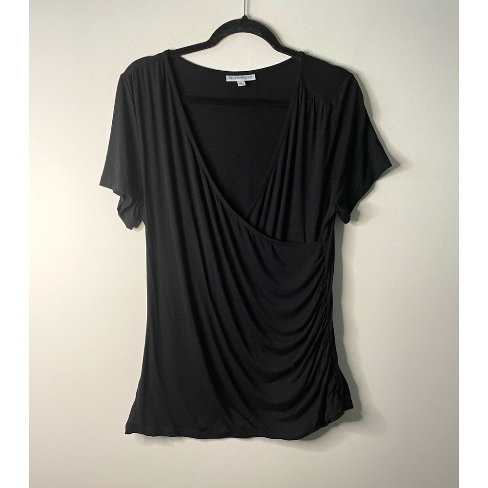 NorthStyle Top Womens XL Black Surplice Draped Ruched Stretch Flutter Sleeve